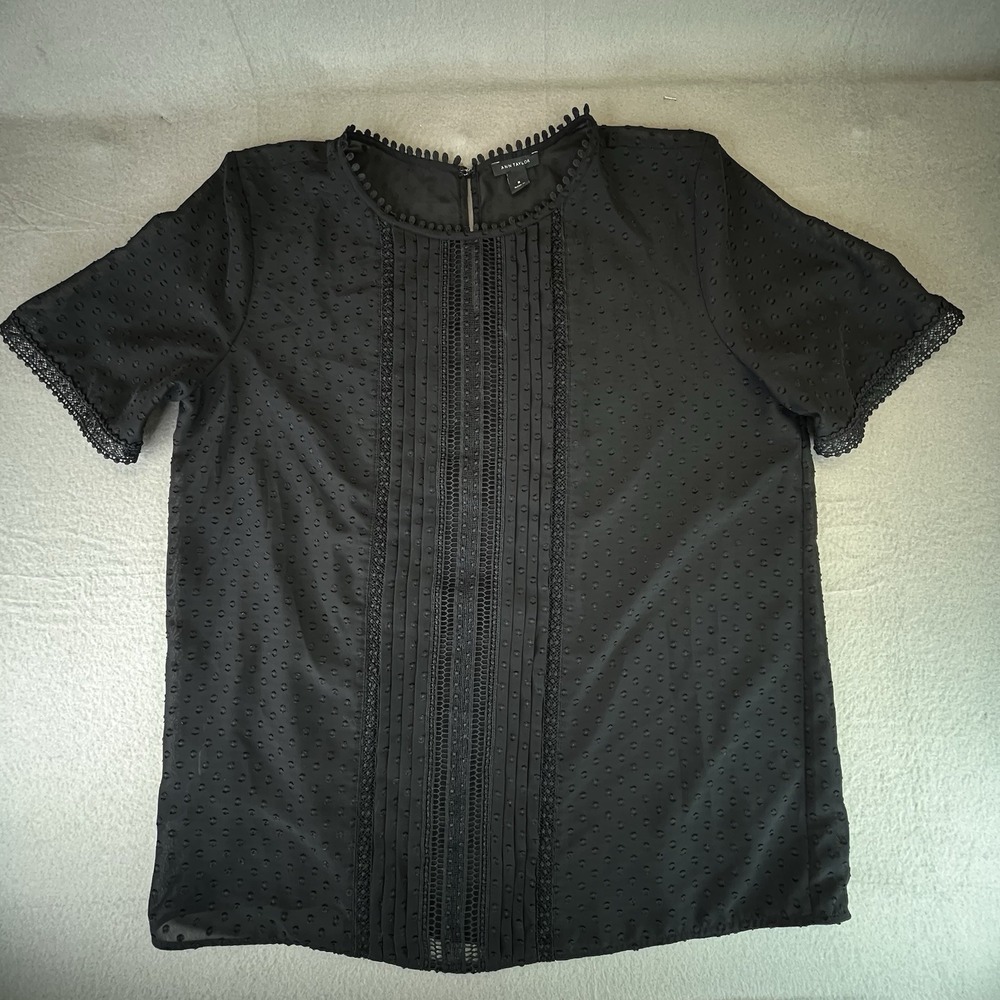 Ann Taylor Women's Black Polka Dot Stripes Semi-Sheer Swiss Dot Medium Blouse